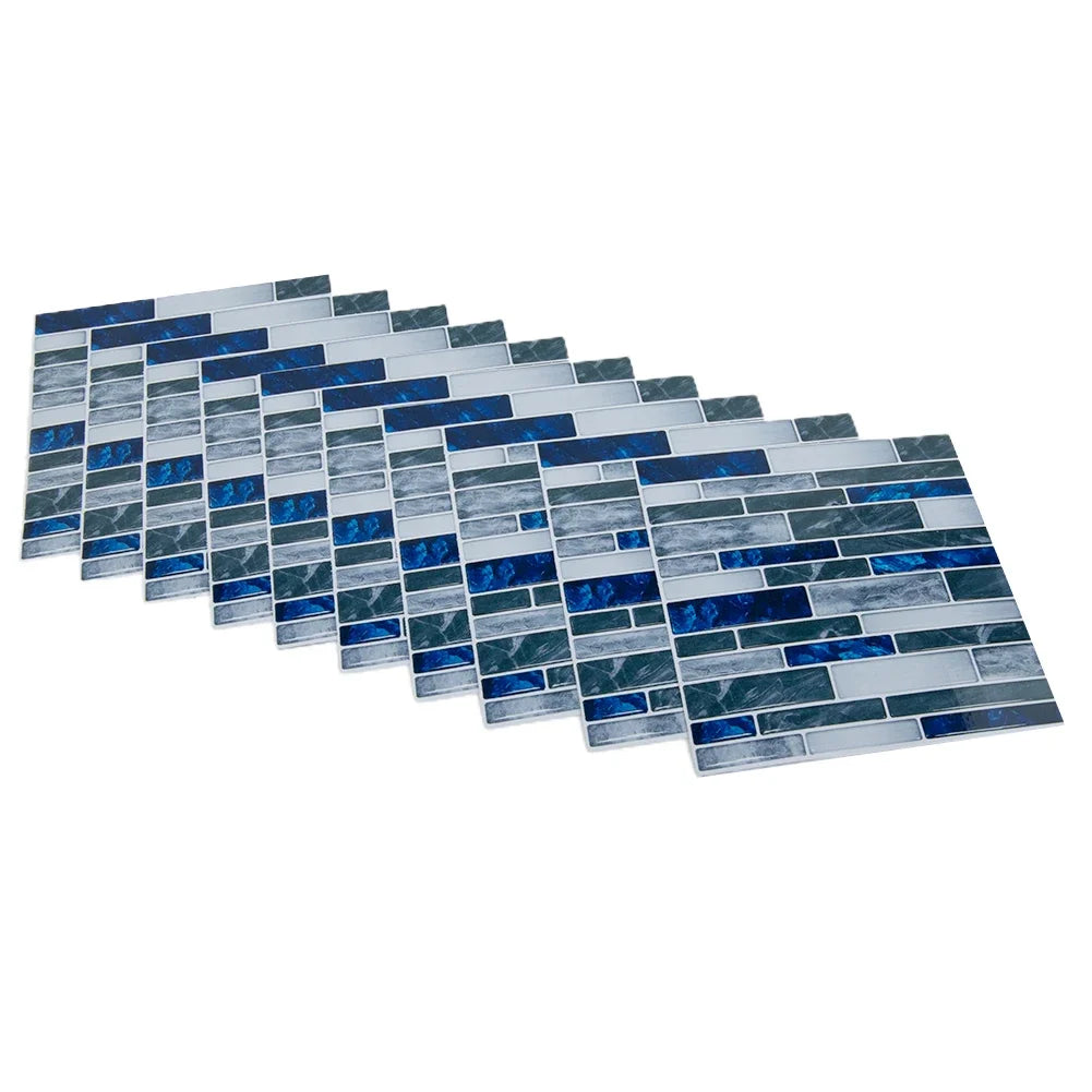 Self-adhesive 3D mosaic tile sticker sheet, dark blue and gray brick mosaics