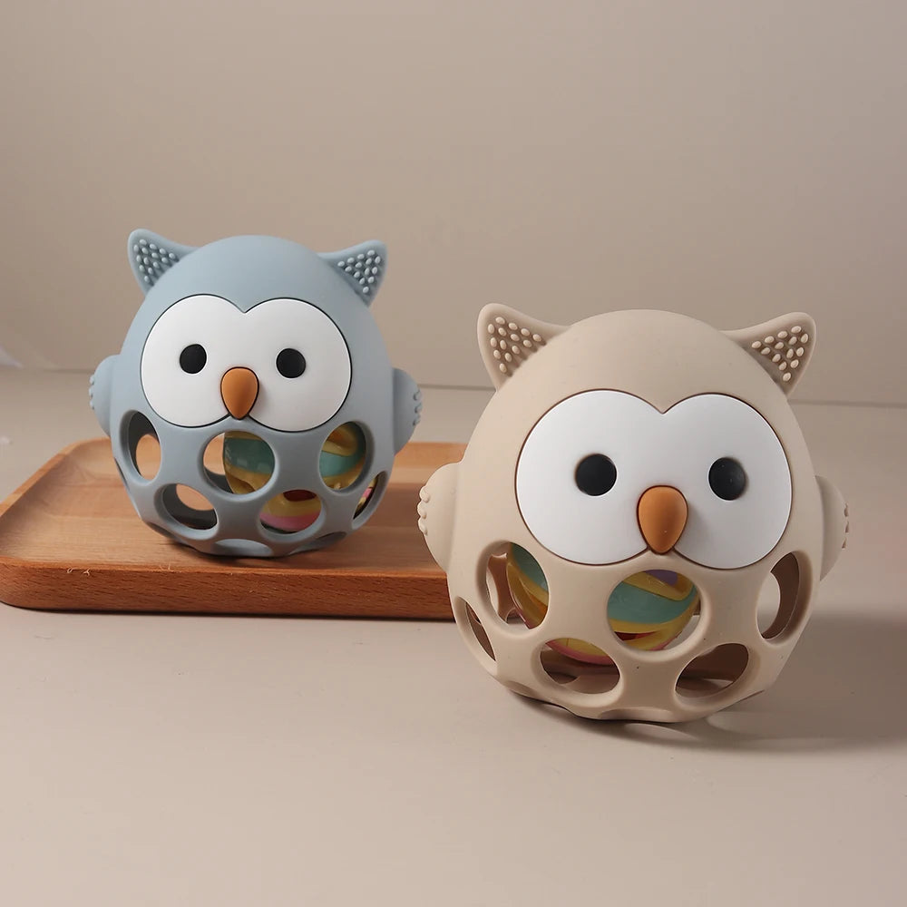 Silicone Teether Baby Gift Owl Shaped Cartoon Cute Teething Toy Chew Bead Sensory Gum Relief Soother Bell Sound Soft Cute