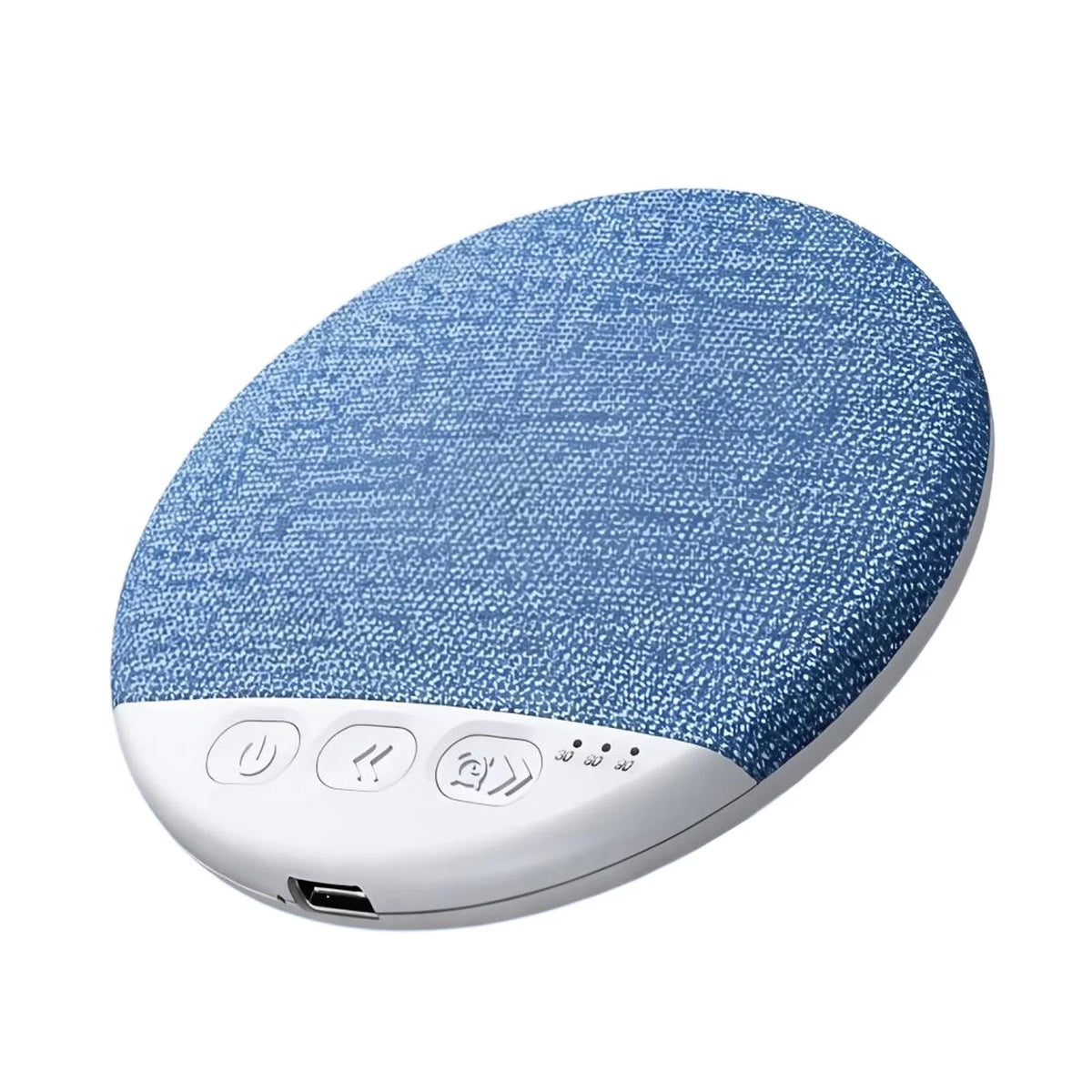 Blue under-pillow speaker underside with white control buttons and USB port