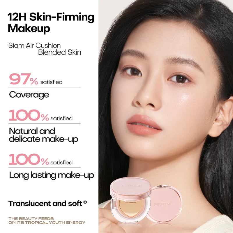 Tidesmit Mistine Air Cushion foundation texture close-up showing dewy natural finish for combination skin