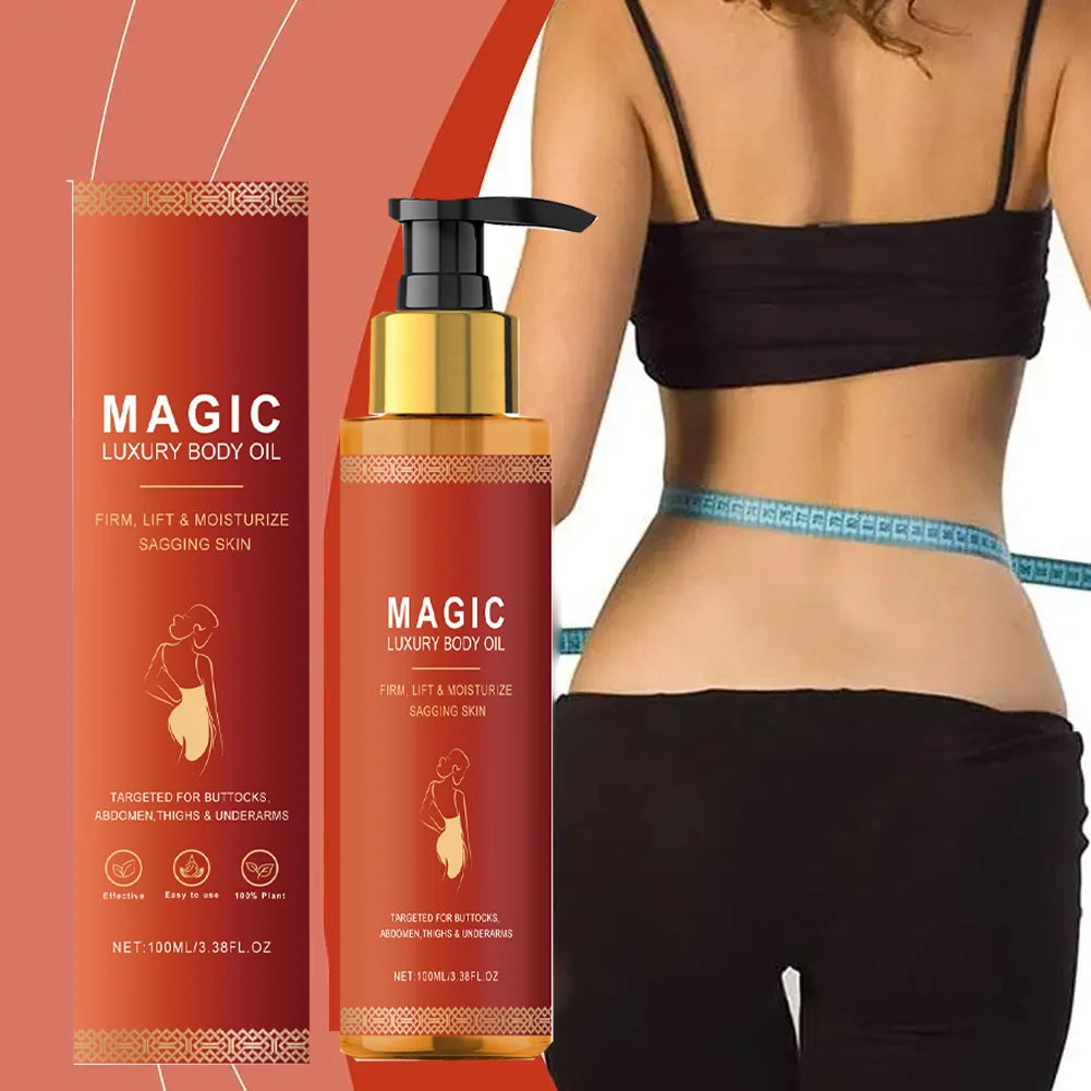 Bottle of "Magic" body oil with a black pump, next to a matching orange box, beside a woman being measured at the waist.