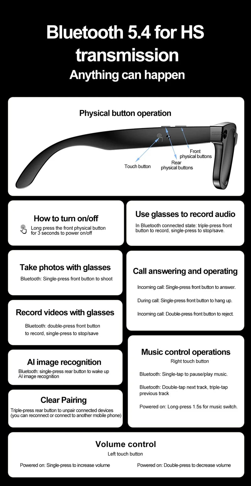 Tidesmit Smart Audio Glasses with AI Camera and Spatial Bluetooth Connectivity Tidesmit