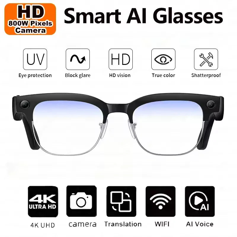 AI Smart Glasses with 4K Camera, Bluetooth, and Spatial Audio - Tidesmit Blue light Tidesmit