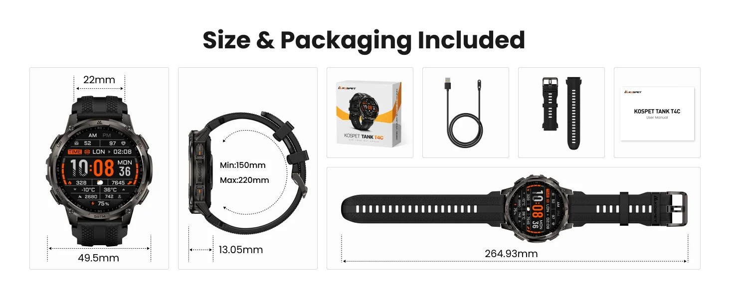 KOSPET TANK T4C Smart & Rugged Watch for Men Military-Grade Body with GPS Health Tracking & On-Wrist Flashlight 5ATM Waterproof