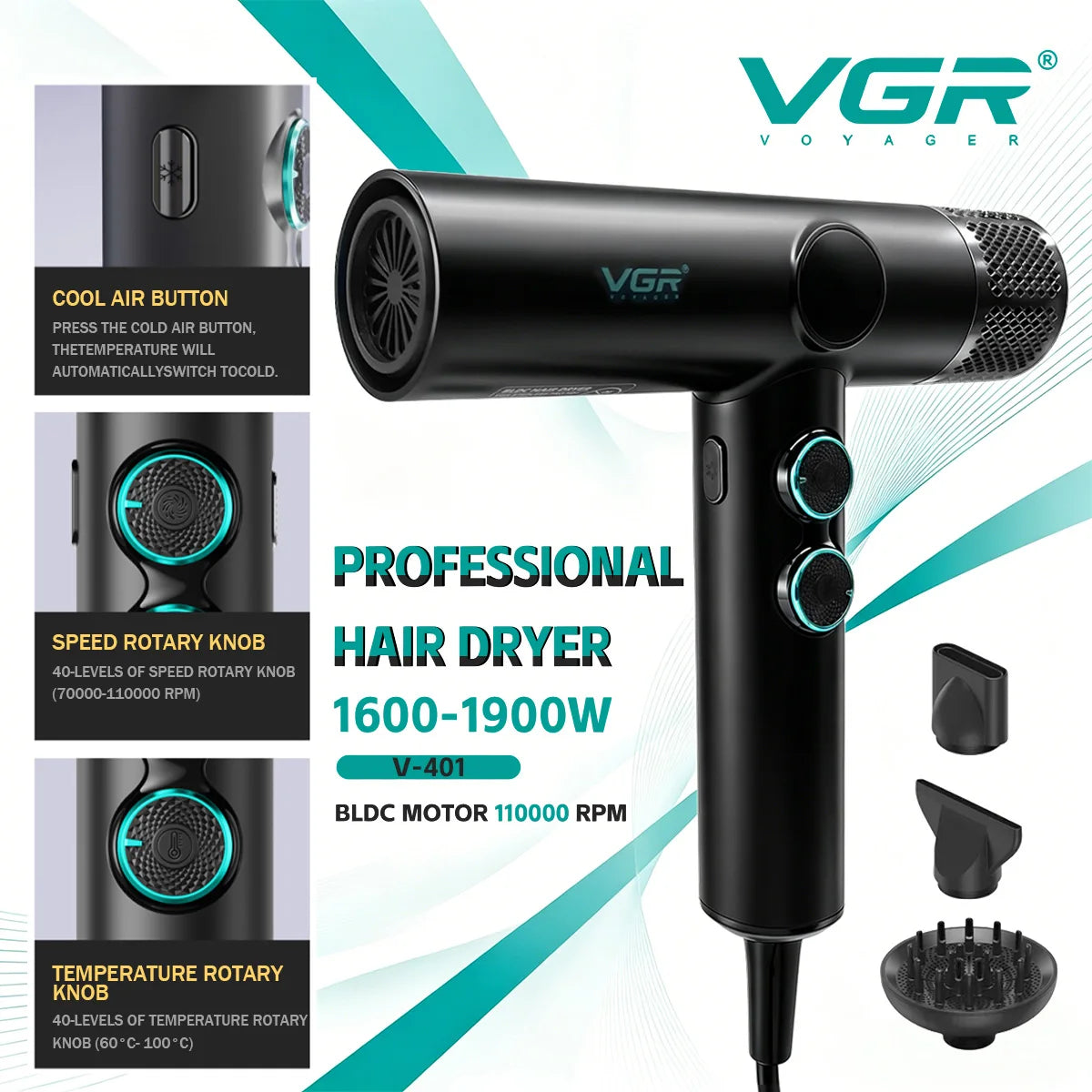 VGR V-401 professional black hair dryer with brushless motor, 110000 RPM, rotary controls, and styling attachments.