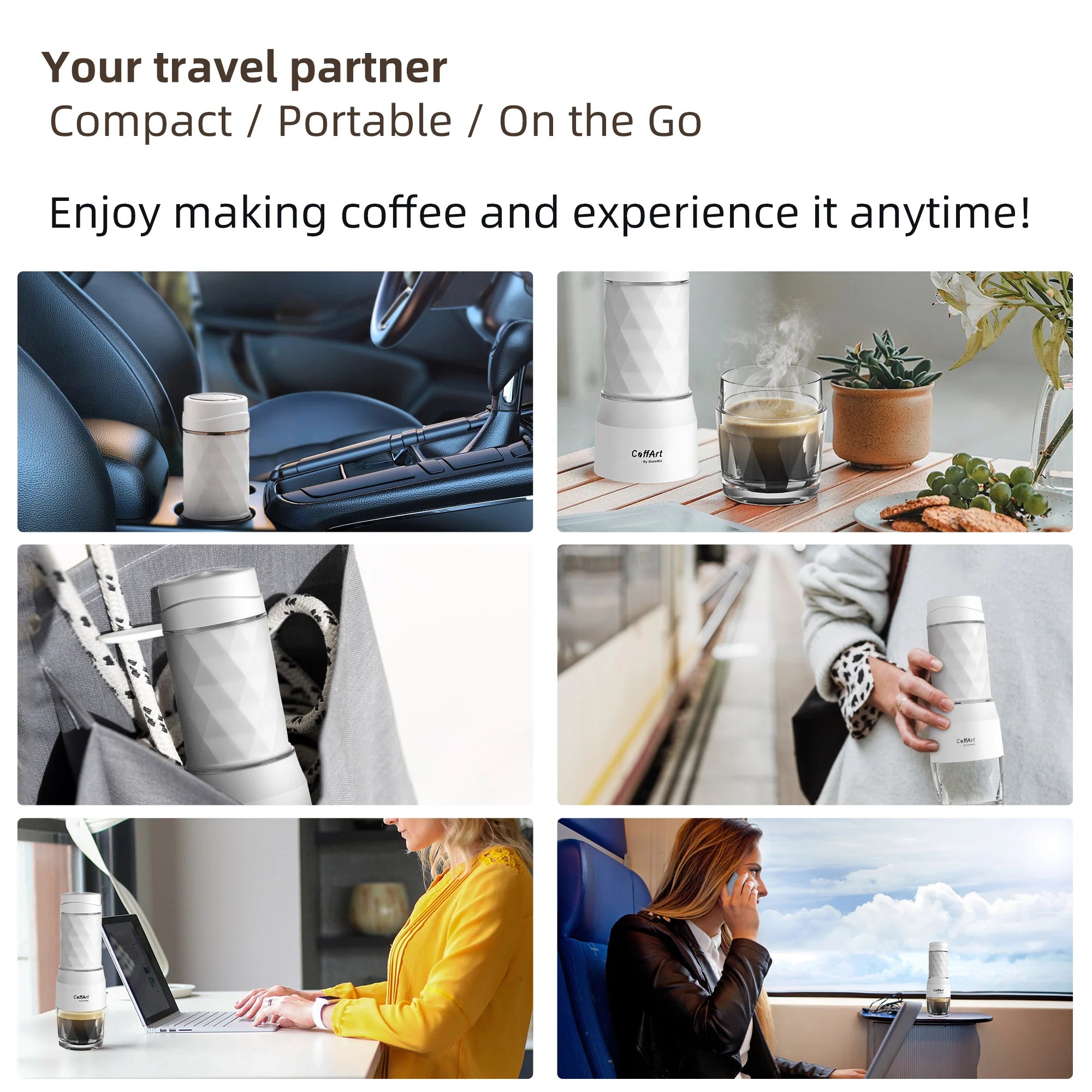 CoffArt portable white geometric travel coffee maker in various on-the-go lifestyle settings.