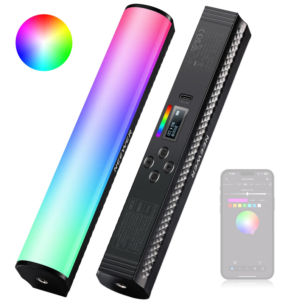 RGB LED light stick for photography with digital display, control buttons, and smartphone app connectivity.