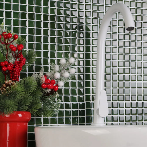 Green square mosaic tile wall decal sheet with white grid grout lines