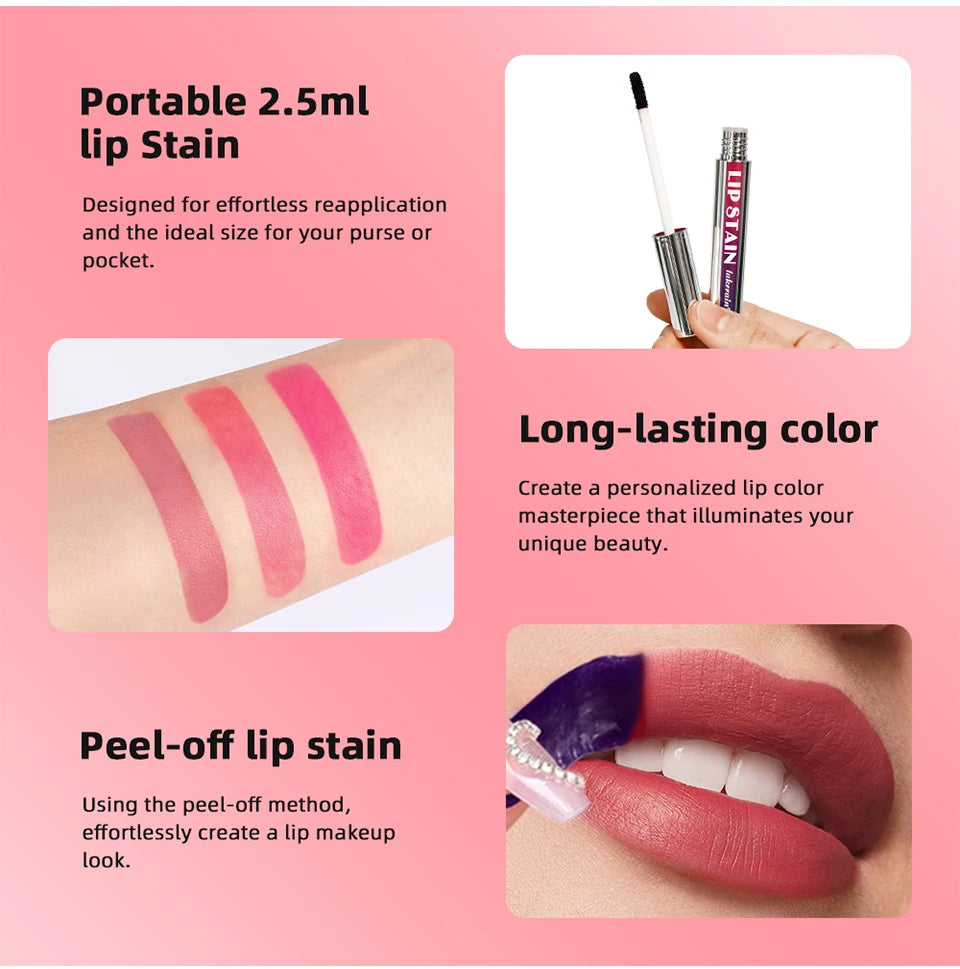 Lakerain waterproof peel-off lip stain with matte finish, showing long-lasting pigment swatches and application process.