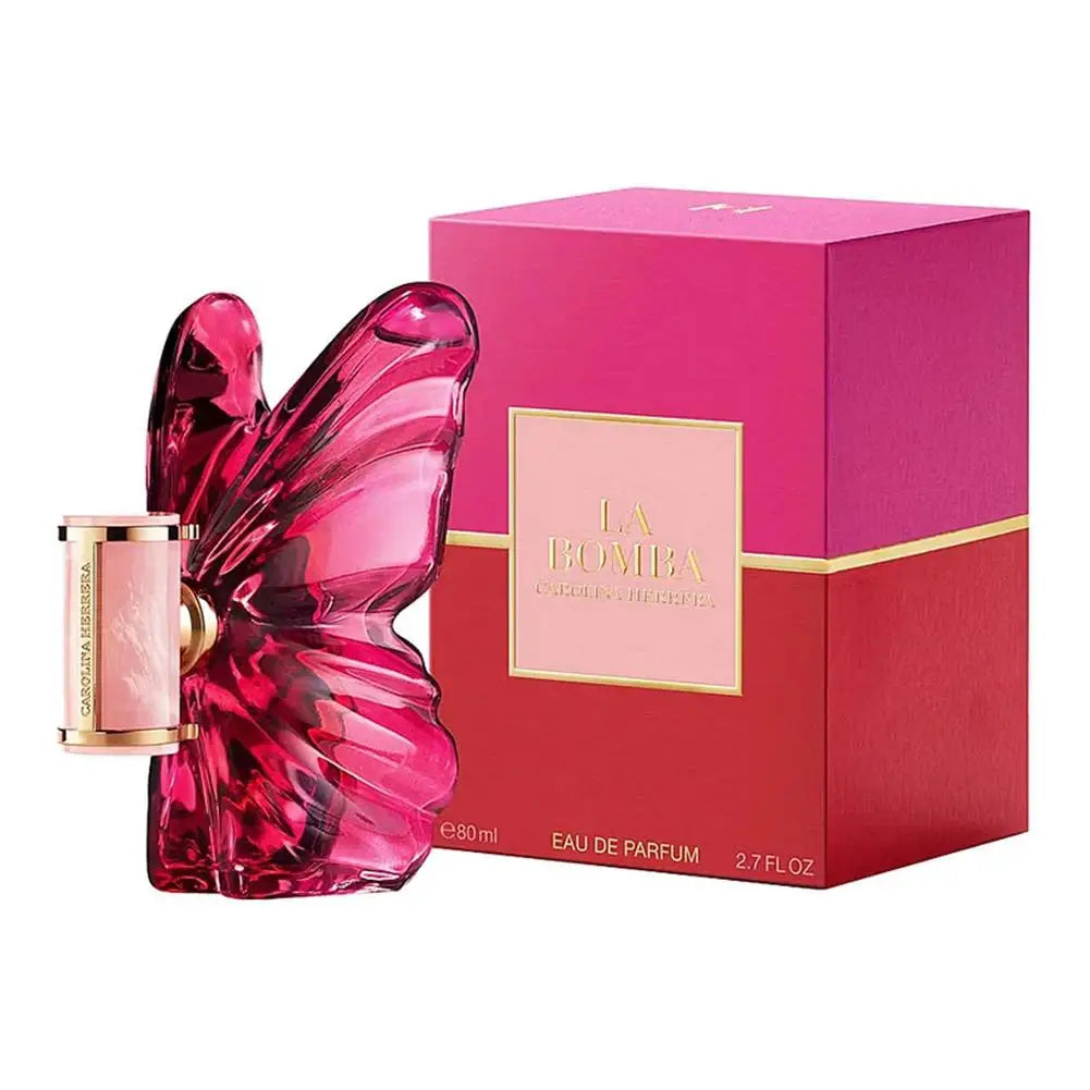 Carolina Herrera La Bomba EDP: Women's floral fragrance in iconic butterfly-shaped glass bottle with pink box.
