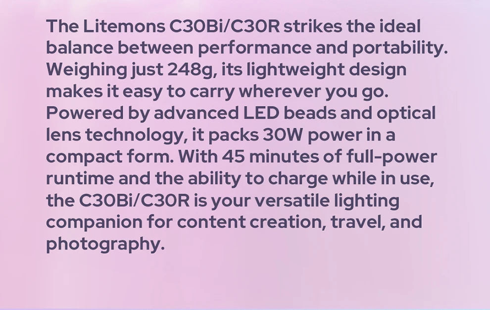 Litemons C30Bi/C30R compact LED light for photography and content creation on a light purple gradient background.