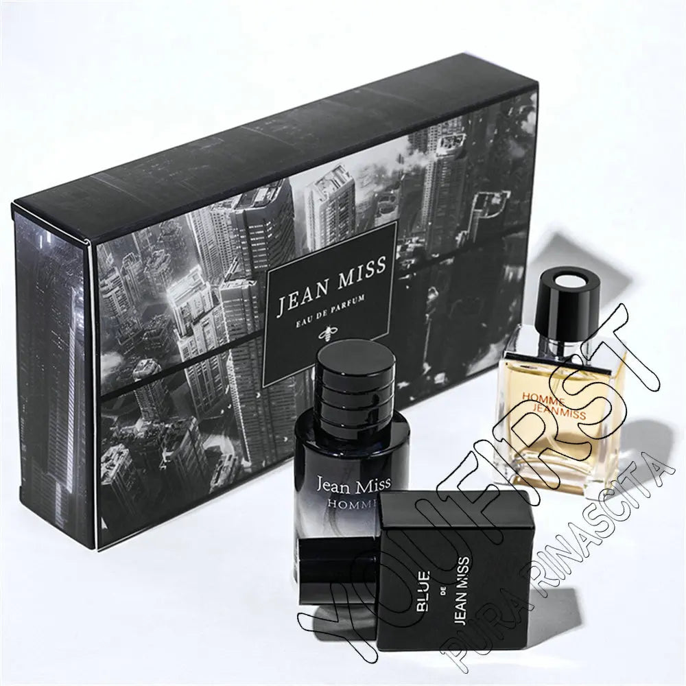 Jean Miss Homme 3-piece EDP cologne gift set for men featuring square and cylindrical glass bottles in black city box.