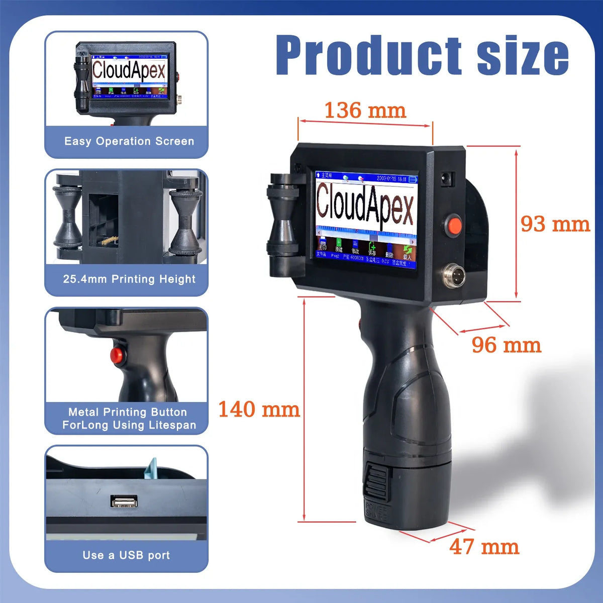 Handheld inkjet printer with product size measurements and touchscreen