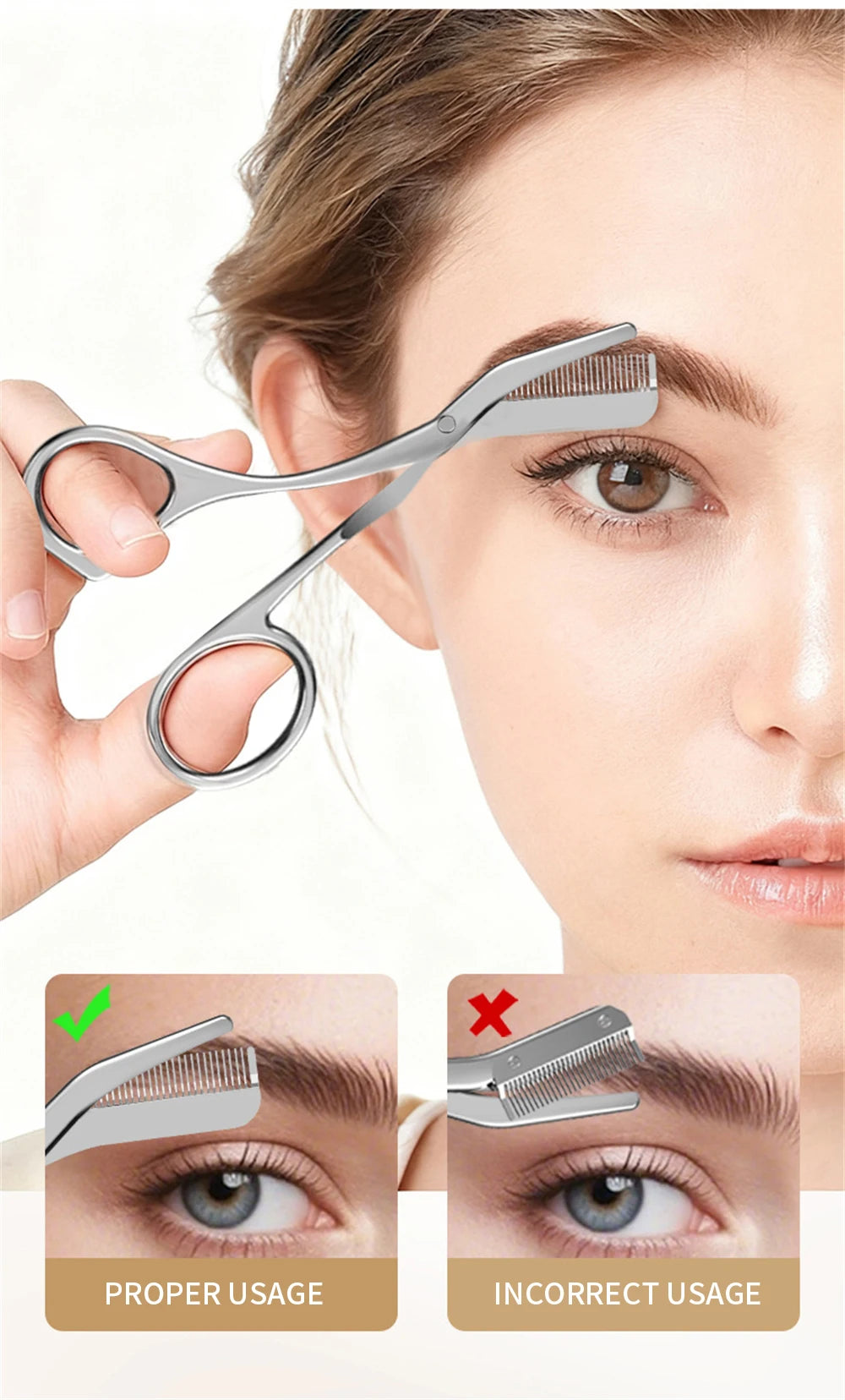 Professional stainless steel eyebrow trimmer scissors with integrated comb for precise shaping and grooming.