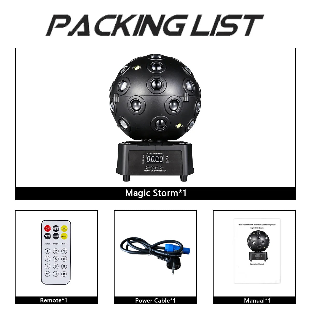 Black 360° LED disco ball stage light with rotating sphere and control base, 1pc