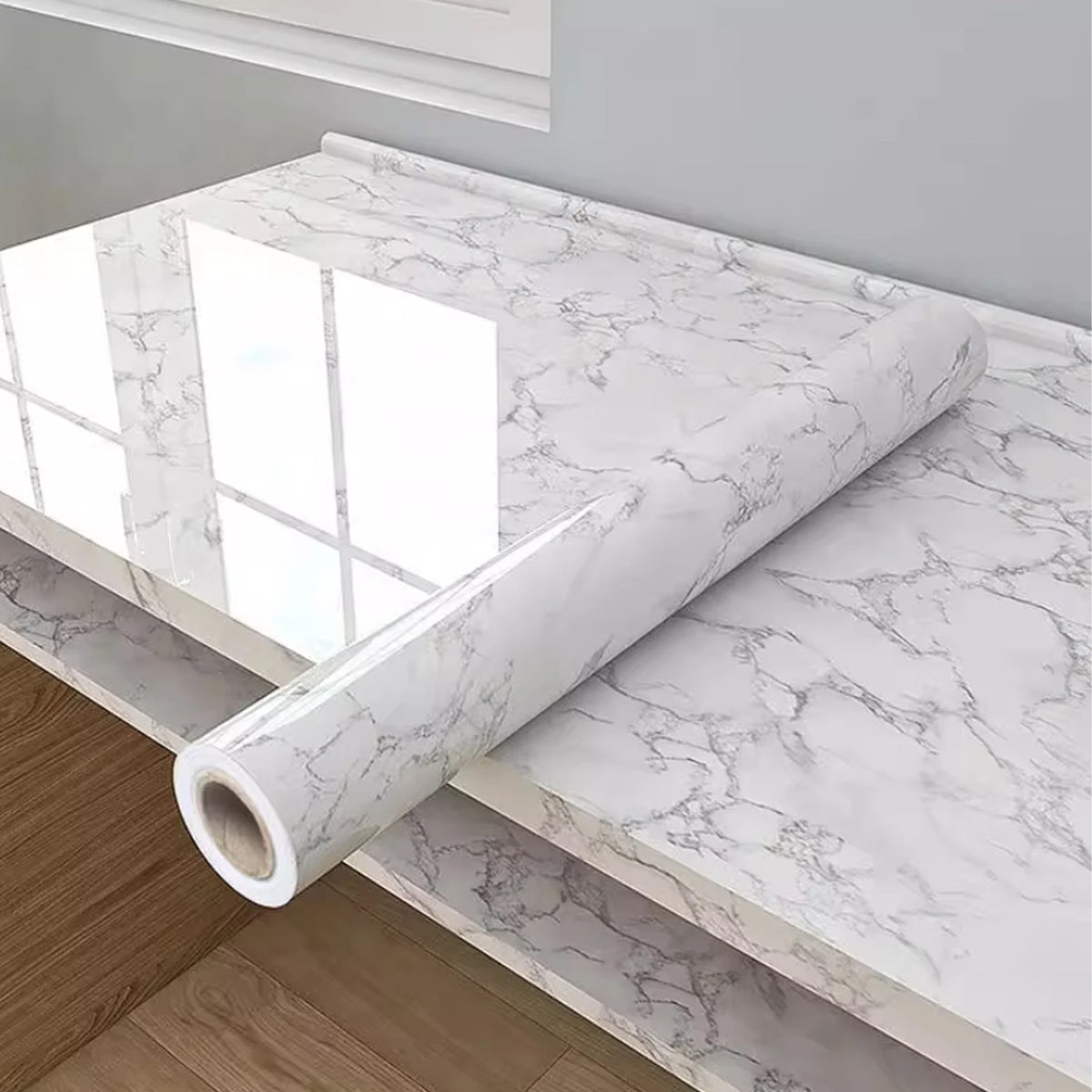 White marble vinyl contact paper roll with grid pattern guide and self-adhesive backing