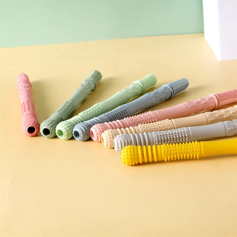 Newborn Hollow Teething Tube Baby Silicone Teether Stick Biting Chewing Straws Nursing Soother Molar Toy Gift for Infants