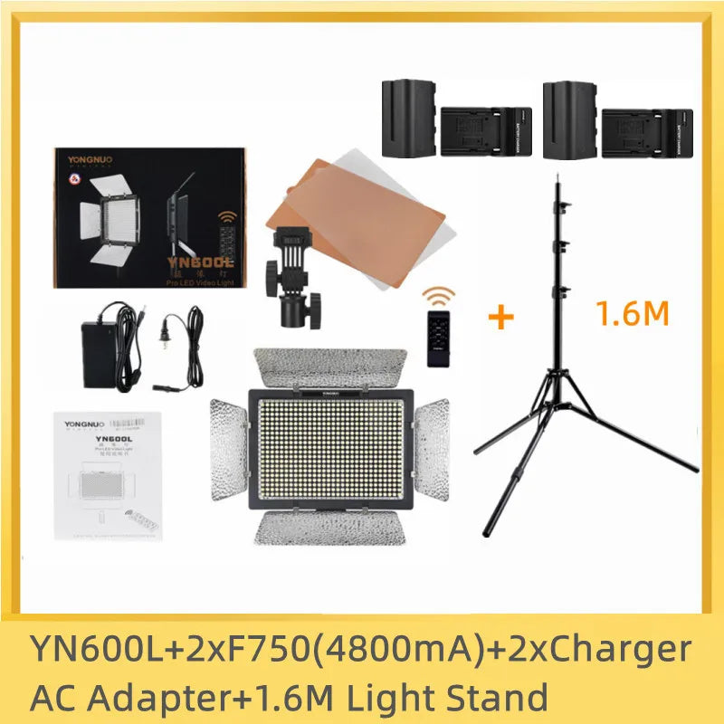 LED video light kit with adjustable panel, 1.6m tripod stand, two batteries, chargers, remote, and AC power adapter.