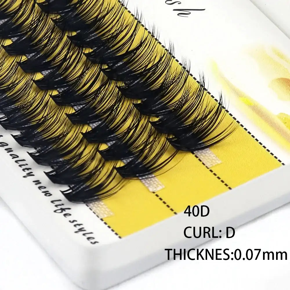 Box of black 40D individual cluster mink eyelash extensions with a D-curl on a yellow backing card.