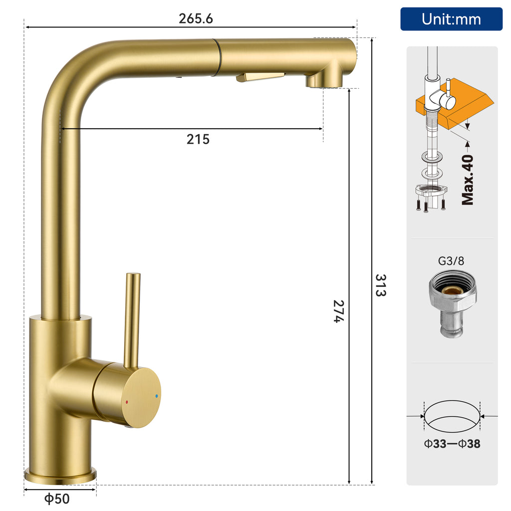 Kitchen faucet with pull-out shower, 2 jets, 360° swiveling pull-out shower, brushed kitchen mixer