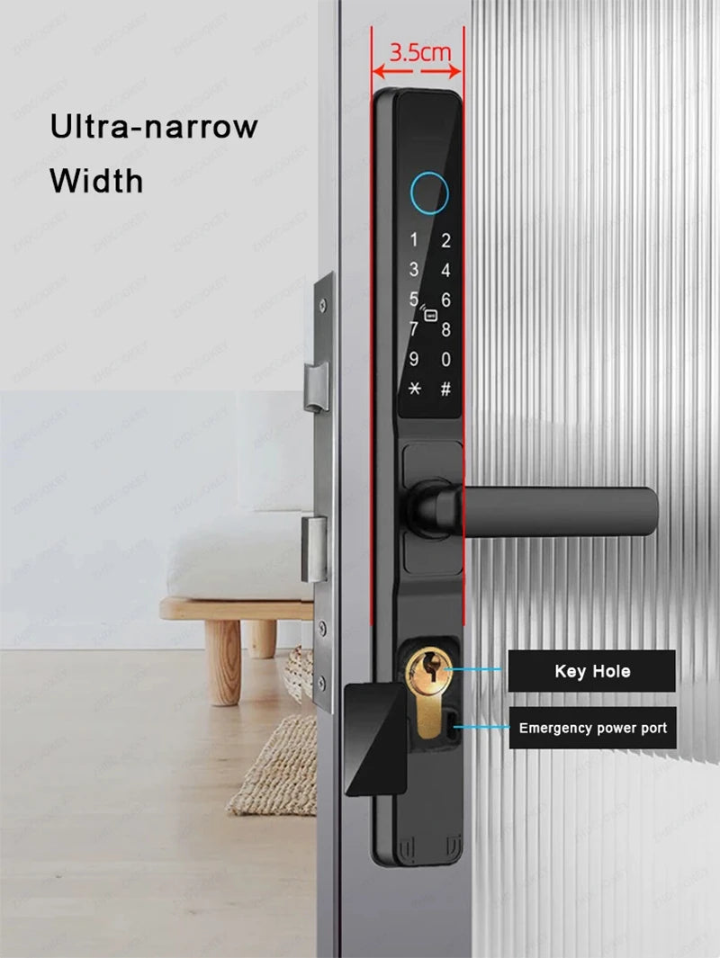 Slim 3.5cm Waterproof Aluminum Smart Door Lock with TTLock Bluetooth Fingerprint Password IC Card APP Control for Sliding Doors
