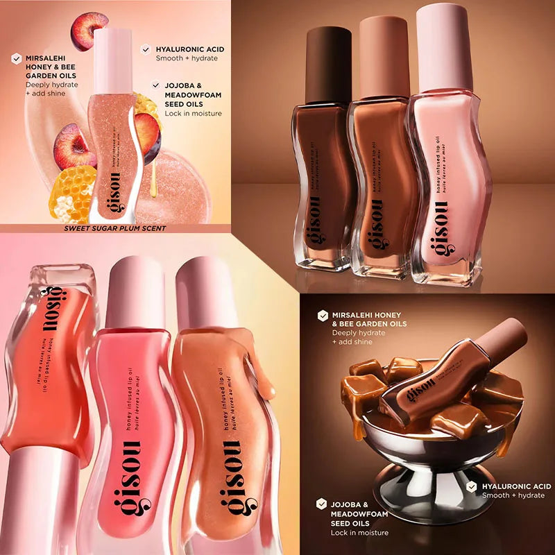 Gisou honey-infused lip oil collection in various tinted shades, featuring a glossy, hydrating texture for plump lips.
