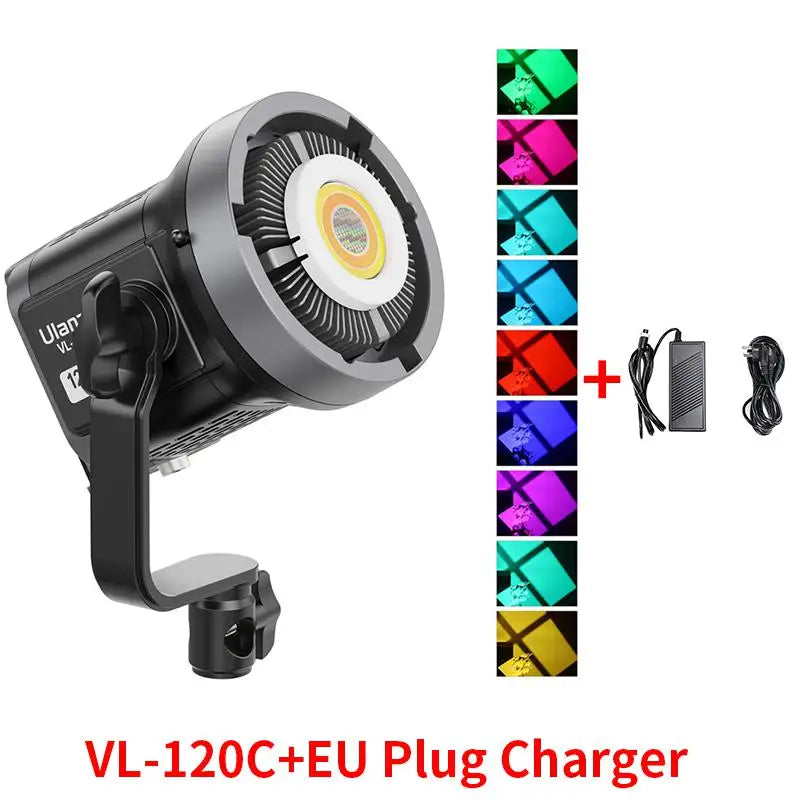 Black LED studio video light with COB chip, mounting bracket, power adapter, and multi-color lighting effect samples.