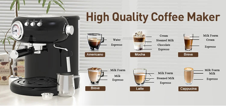Black espresso coffee maker with steam wand, pressure gauge, and milk frothing pitcher for specialty coffee drinks.