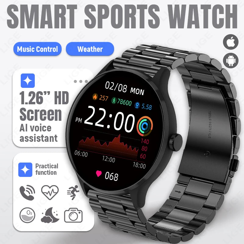 Smart sports watch with black metal bracelet, round 1.26" HD screen.