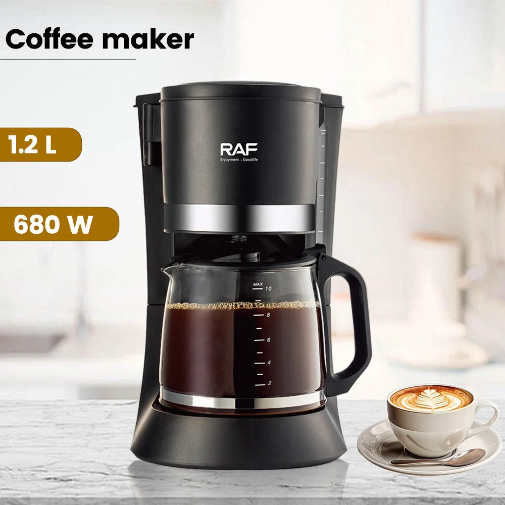 RAF 1.2L black drip coffee maker with 680W power, glass carafe, and sleek countertop design.