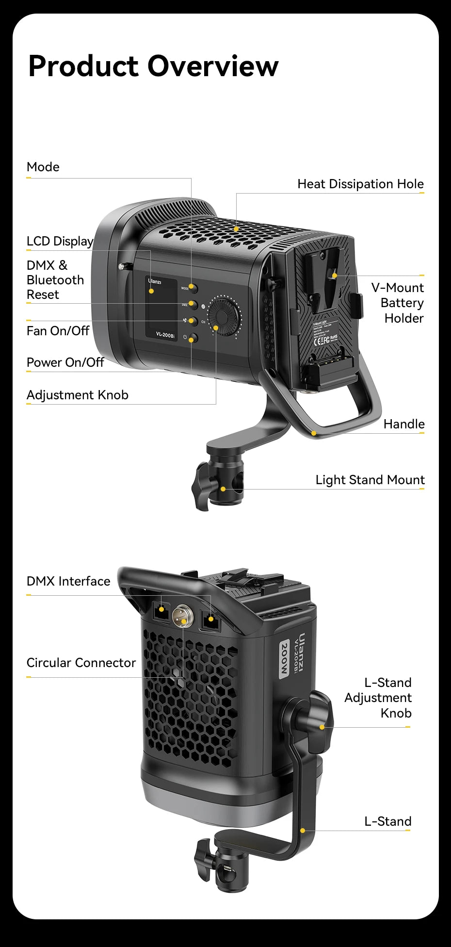 Black VL-200B COB LED studio light with V-mount battery plate, adjustment knobs, and L-stand for video lighting.