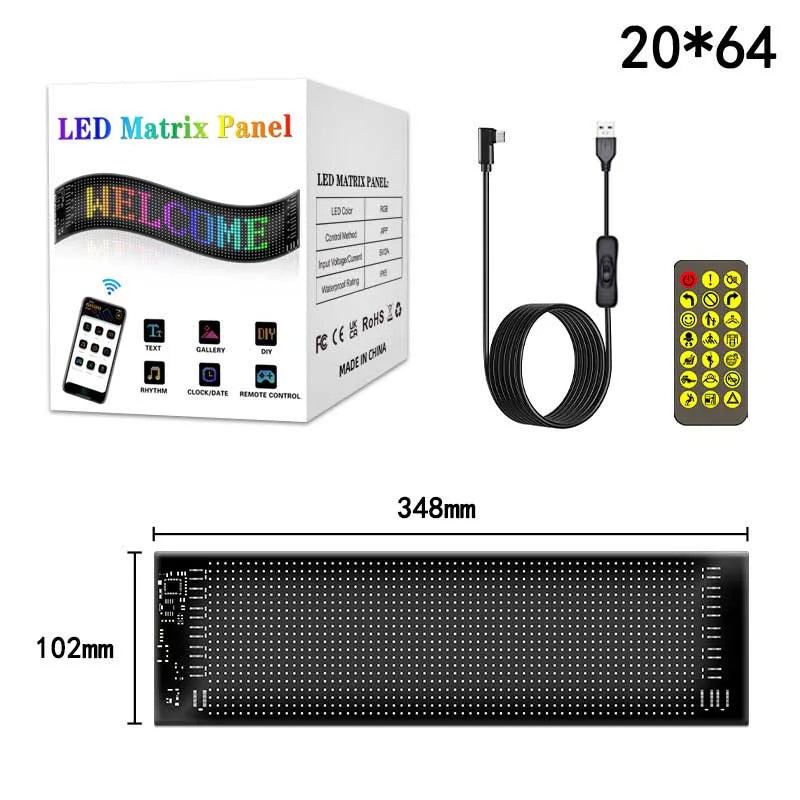 Programmable Car LED Matrix Panel | Flexible DIY Display Sign - Tidesmit 20x64 LEDs 10x35CM Tidesmit