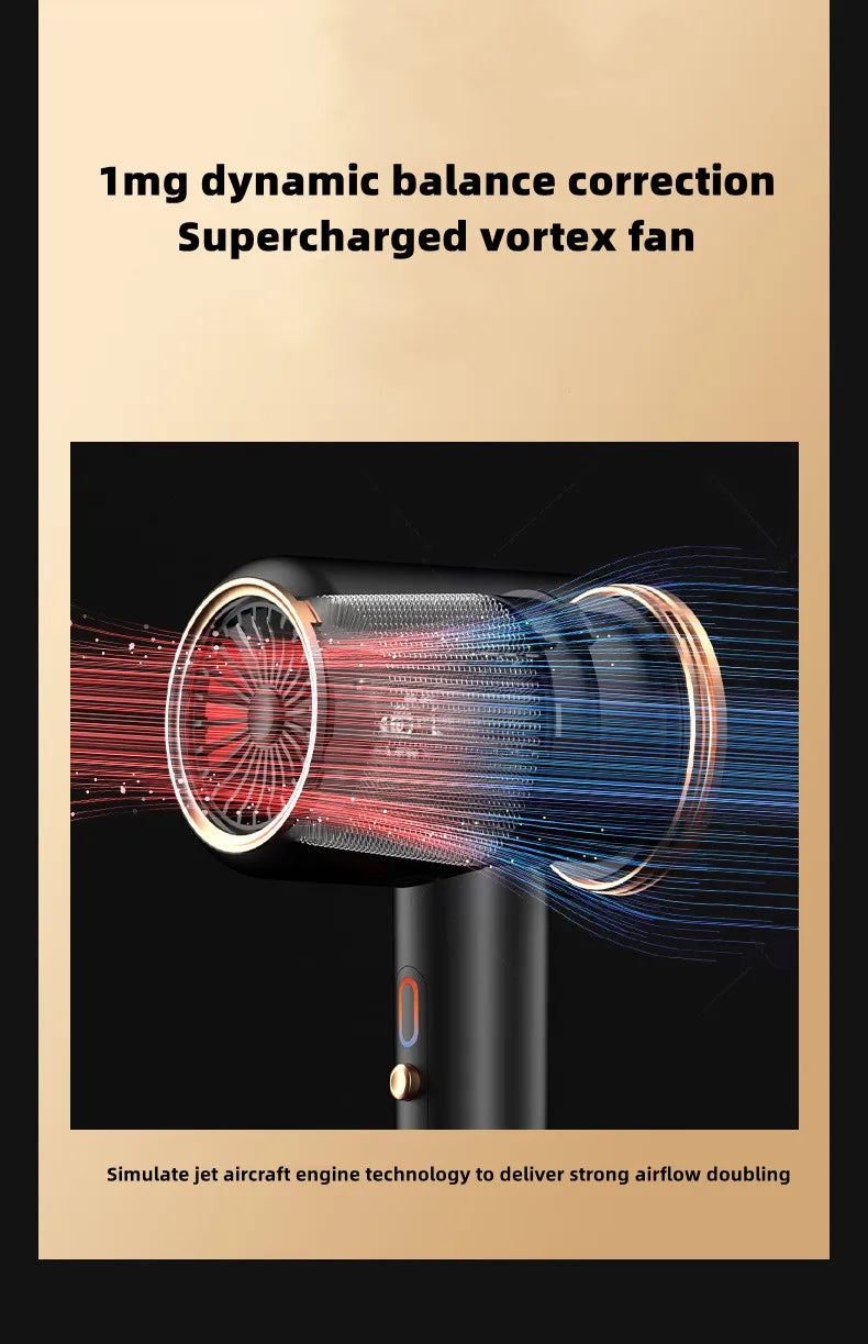 2400W high-speed black & gold ionic hair dryer with supercharged vortex fan for fast, salon-quality professional drying.