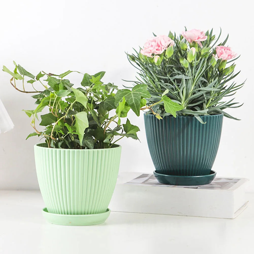 5 Pcs Modern Resin Planters 6 Inch Drainage Hole Flower Pots With Saucers Vertical Stripe Design For Houseplant Garden