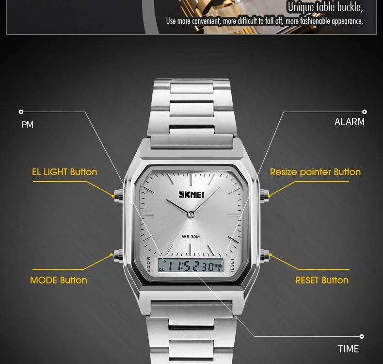 SKMEI 1220 Digital Quartz Watch for Men Sports Chronograph Waterproof Stainless Steel Shockproof Mens Wristwatches Reloj Hombre