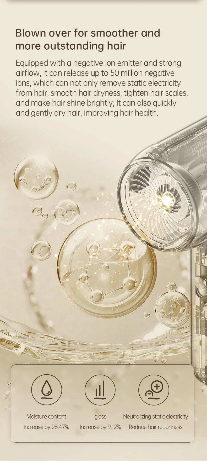 F41 high-speed ionic hair dryer with turbine airflow for quick, smooth, low-noise drying in a sleek beige finish.