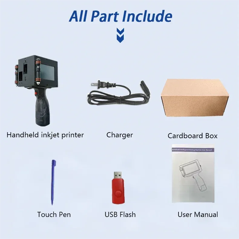 Handheld inkjet printer kit including charger, USB flash, touch pen, manual, and cardboard box