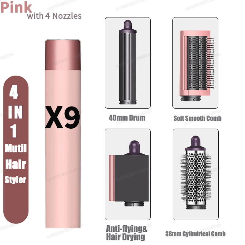 SenCiciMen 4-in-1 pink hair styler with curling barrel, hot air brush, smooth comb, and hair dryer nozzle attachment.