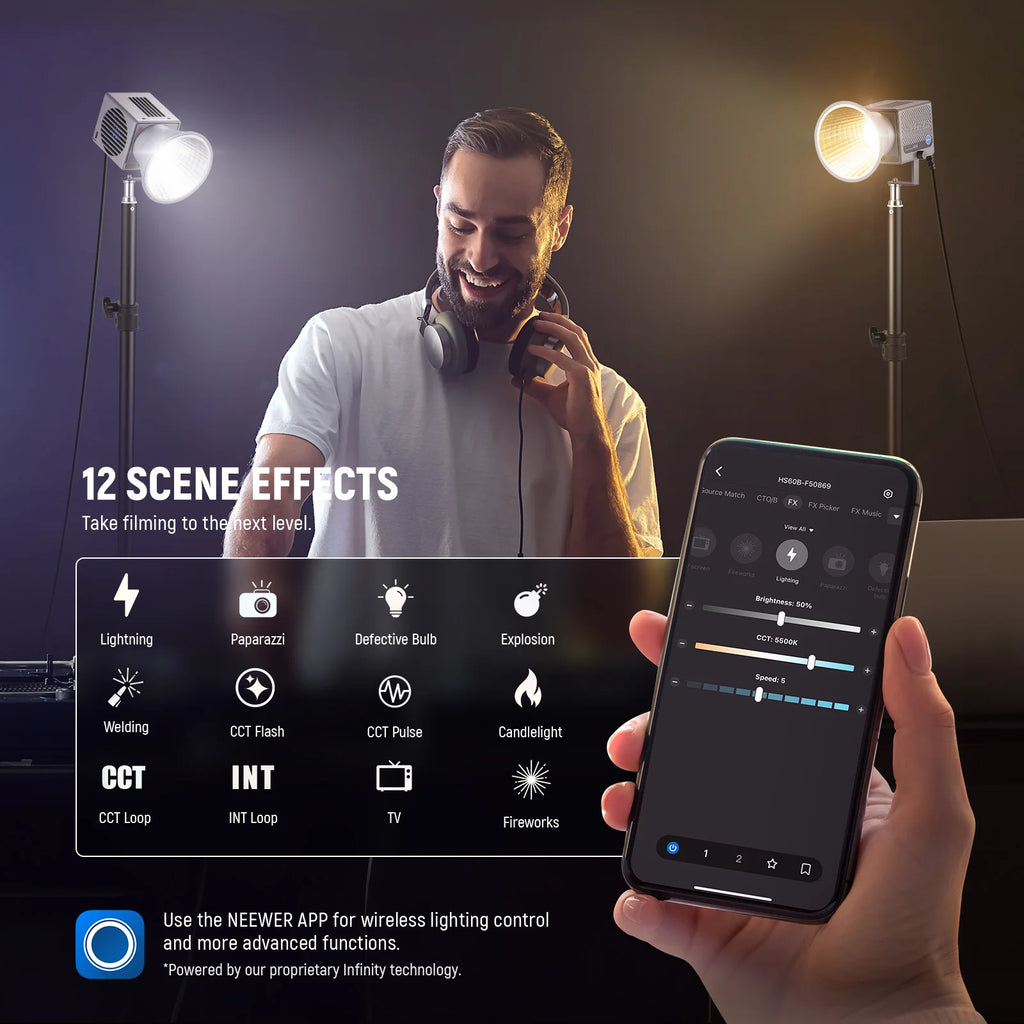 Two silver LED video lights on stands, controlled via smartphone app to create 12 different lighting scene effects.