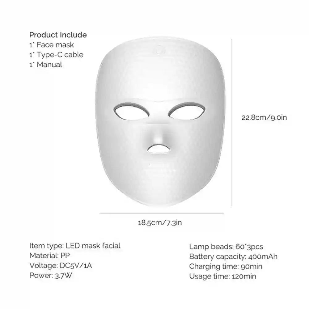 White, oval-shaped LED facial mask with a textured surface, shown with dimensions and product specifications text.
