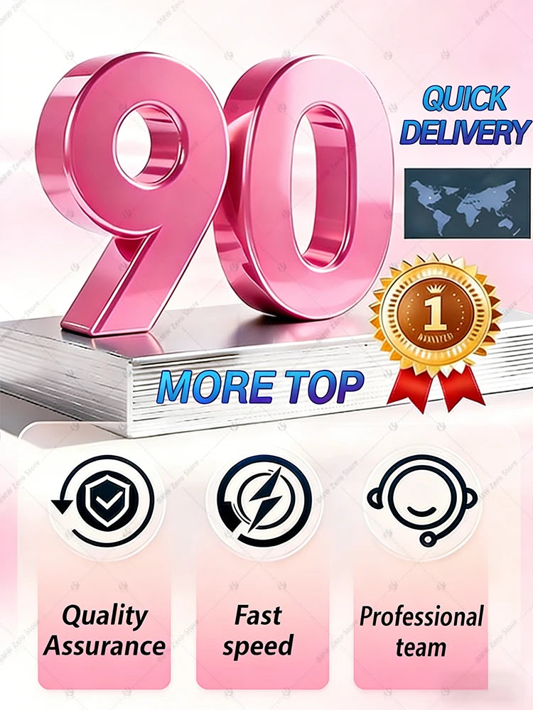 A 3D pink number 90 on a silver platform, with icons for quality assurance, fast speed, and professional support.