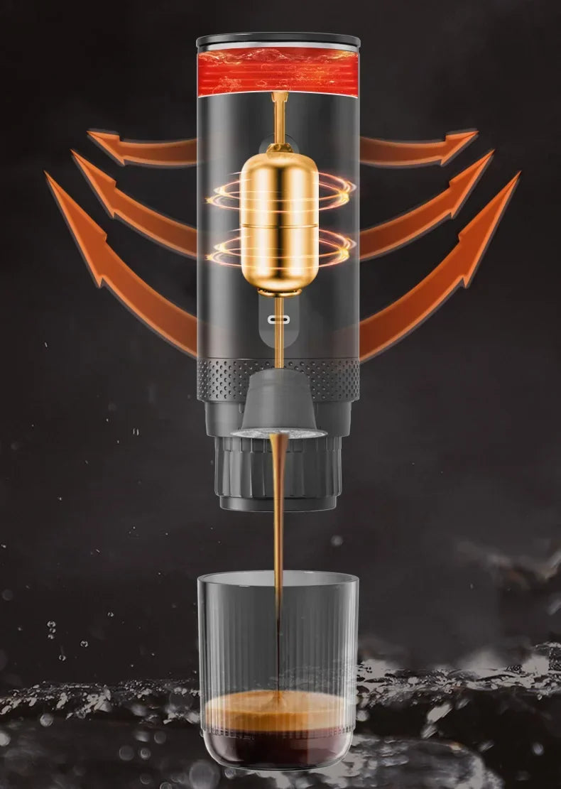 Portable black espresso maker pouring coffee into a glass with a gold internal mechanism on a dark background.