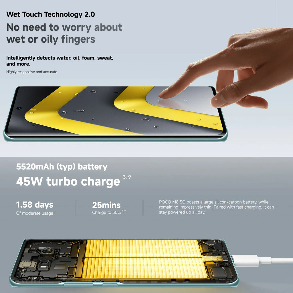 POCO M8 5G 8+256GB Global Version Snapdragon® 6 Gen 3 6.77" 120Hz Flow AMOLED display 7.35mm sleek 3D-curved design 5520mAh 45W