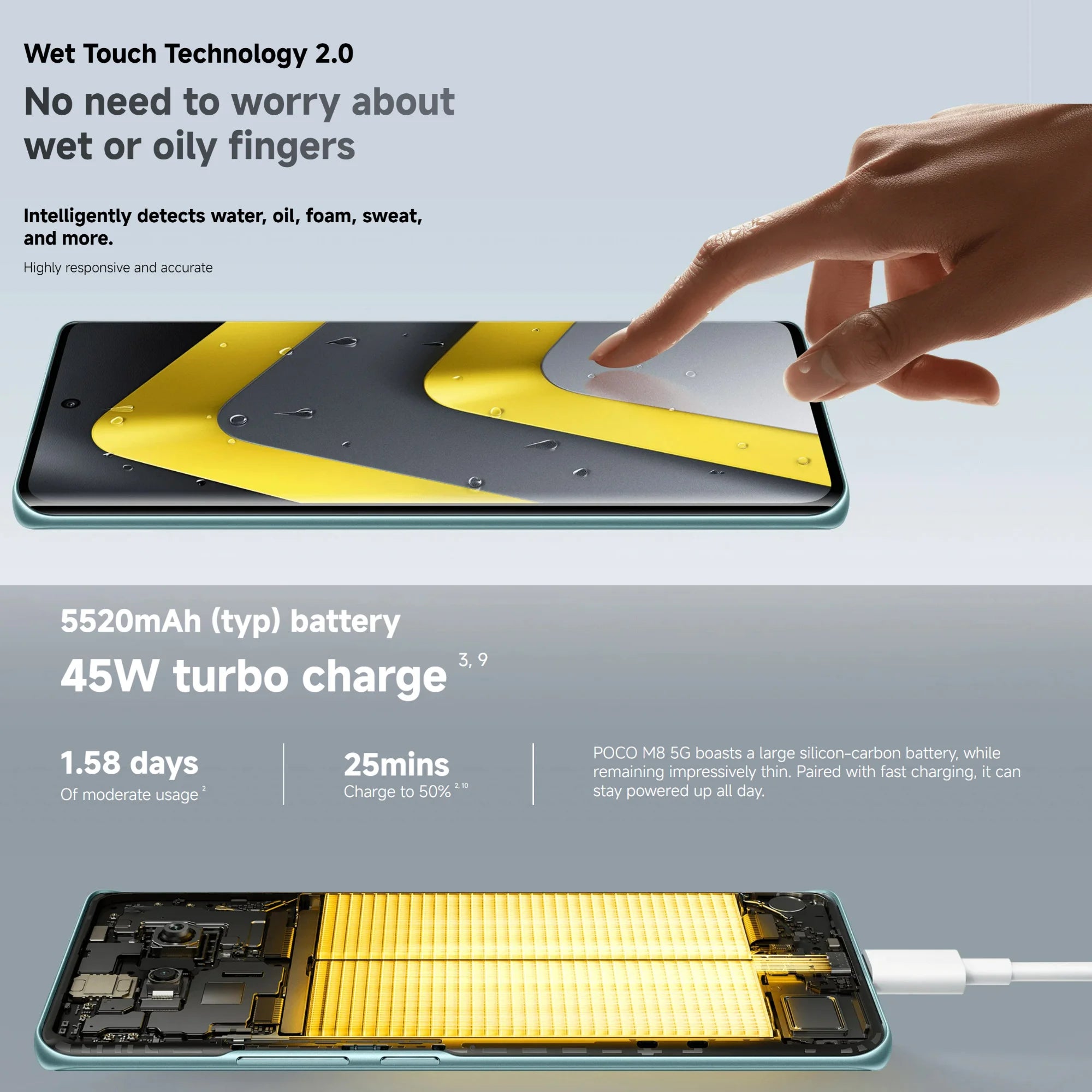 POCO M8 5G 8+256GB Global Version Snapdragon® 6 Gen 3 6.77" 120Hz Flow AMOLED display 7.35mm sleek 3D-curved design 5520mAh 45W