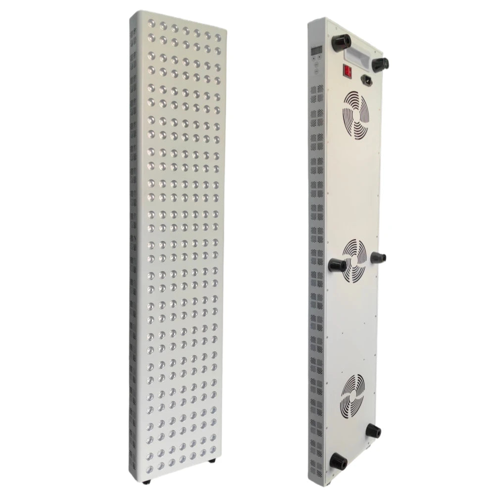 Red and infrared LED therapy panel for home use with cooling fans, 660nm 850nm wavelengths for skin and pain relief.