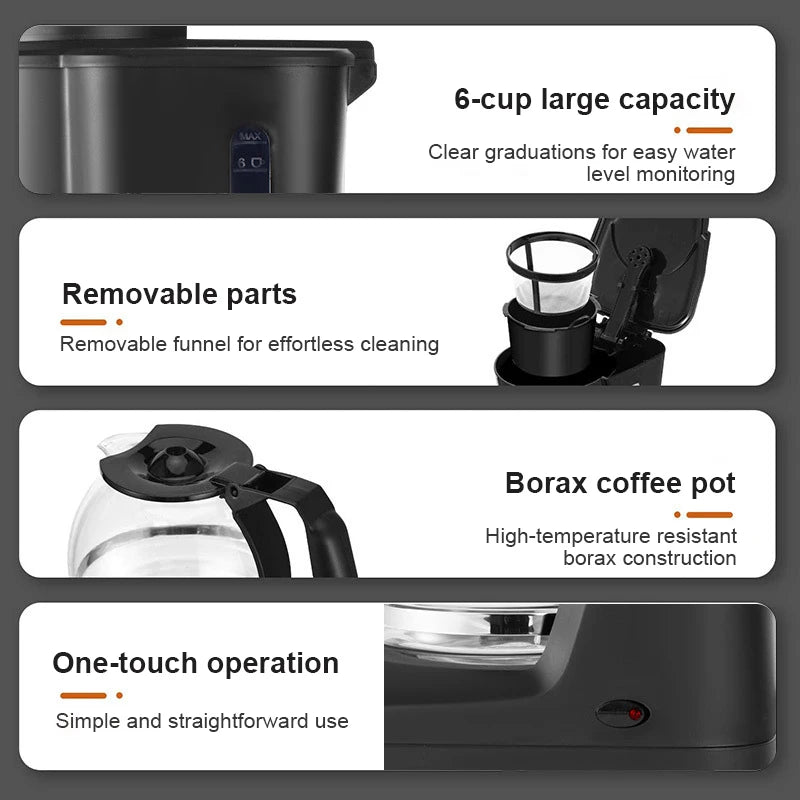 Black 6-cup coffee maker with heat-resistant borax glass pot, removable funnel, and easy one-touch operation.