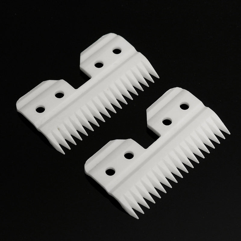 White ceramic replacement cutter blades for A5 pet grooming clippers for smooth, sharp pet hair trimming.