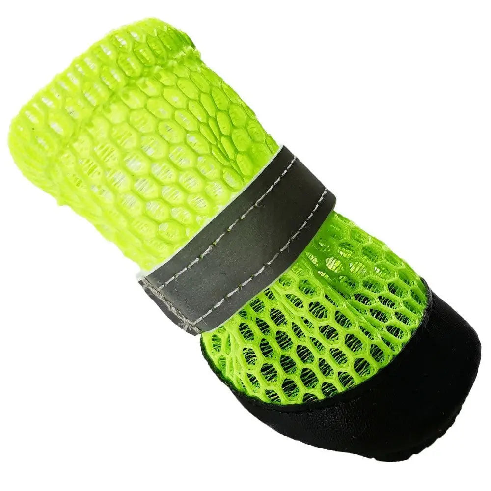 Neon green breathable dog shoes with reflective straps, anti-slip soles for outdoor paw protection and safety.
