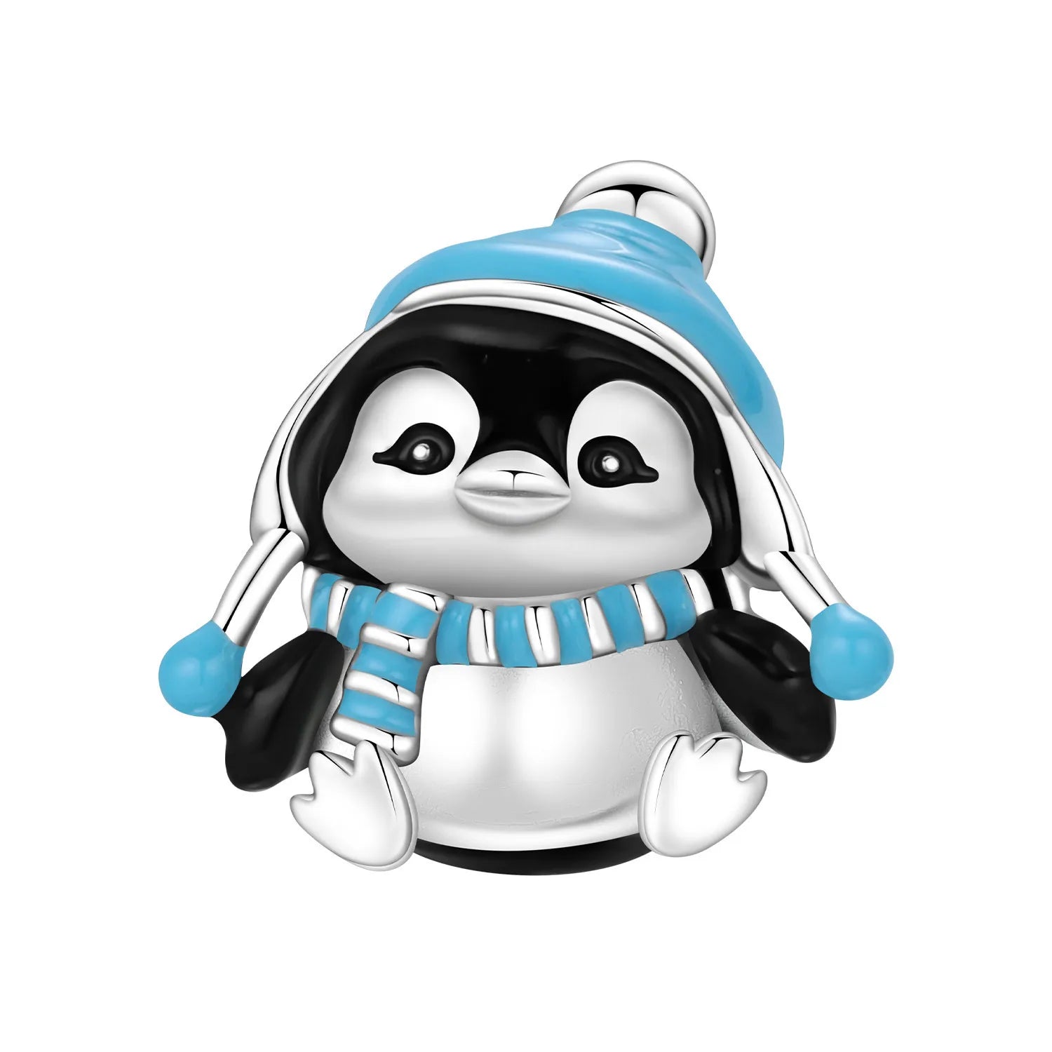 925 sterling silver penguin charm with blue hat and scarf for DIY bracelet jewelry gifts.
