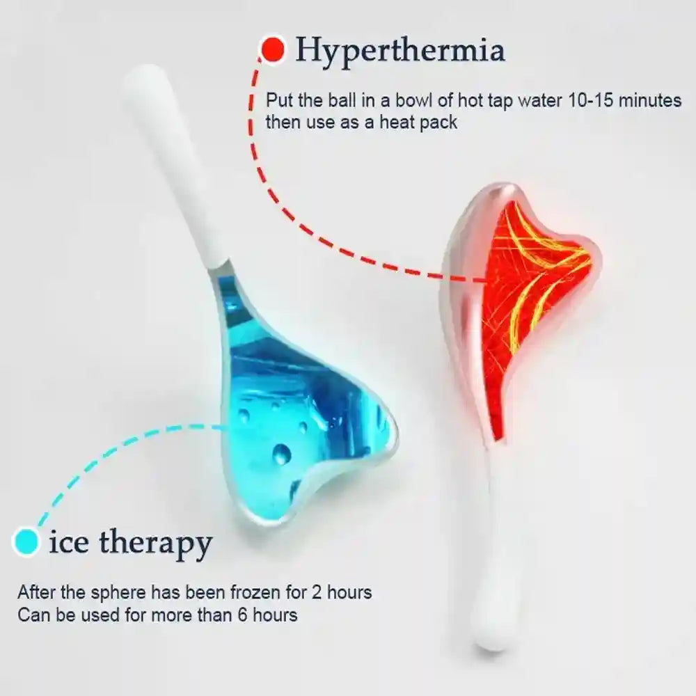 Two heart-shaped face massagers with white handles, one blue for cold therapy and one rose gold for heat therapy.